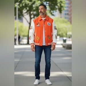 Fabulous Orange Varsity Jacket with with Colorful Detail